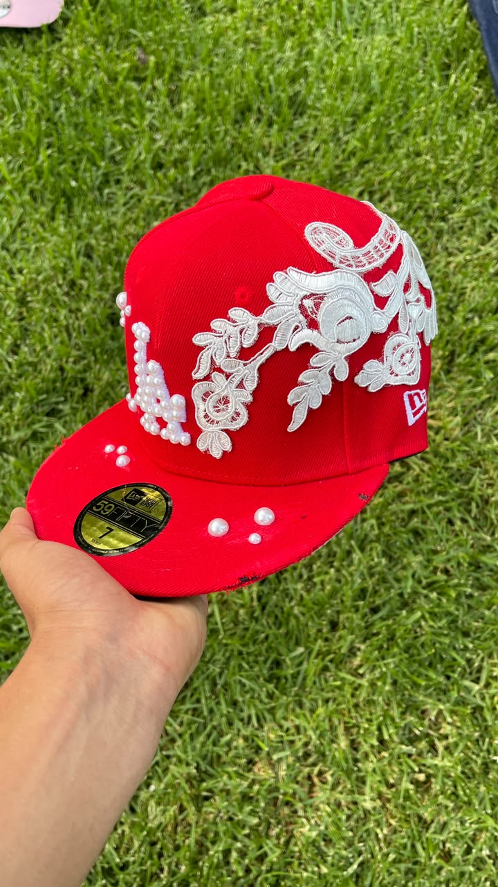 Casquette LA Dodgers Rouge Custom - Dentelle Blanche & Perles