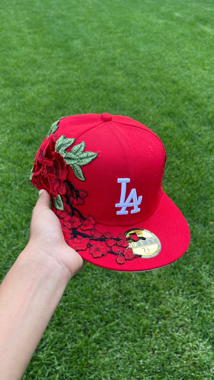 Casquette LA Dodgers Custom - Rouge & Broderie Florale (Roses)