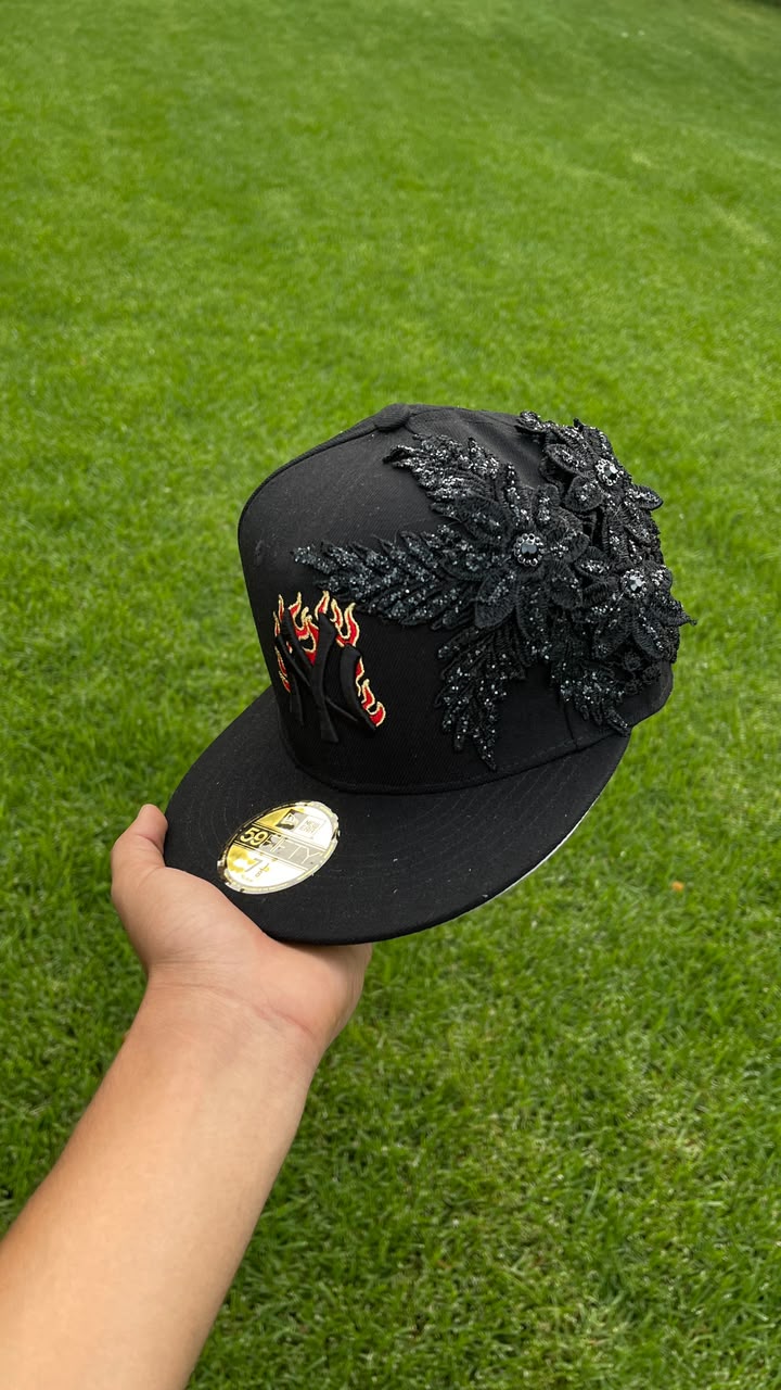 Casquette NY Yankees Dark Custom - Flammes & Fleurs Noires 3D